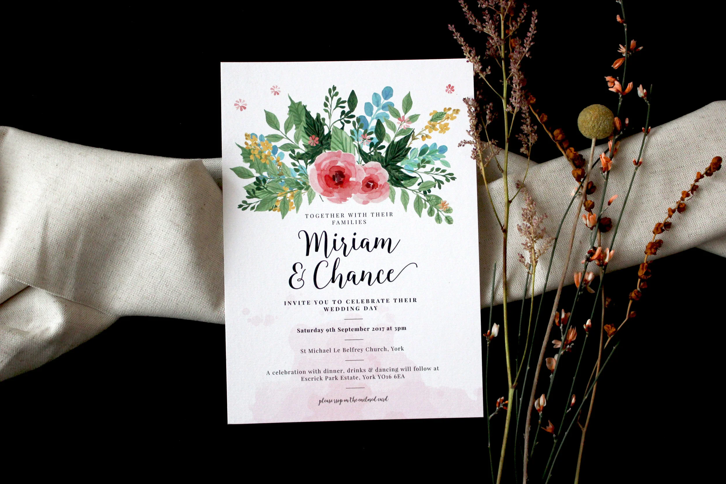 Miriam & Chances wild floral invitations