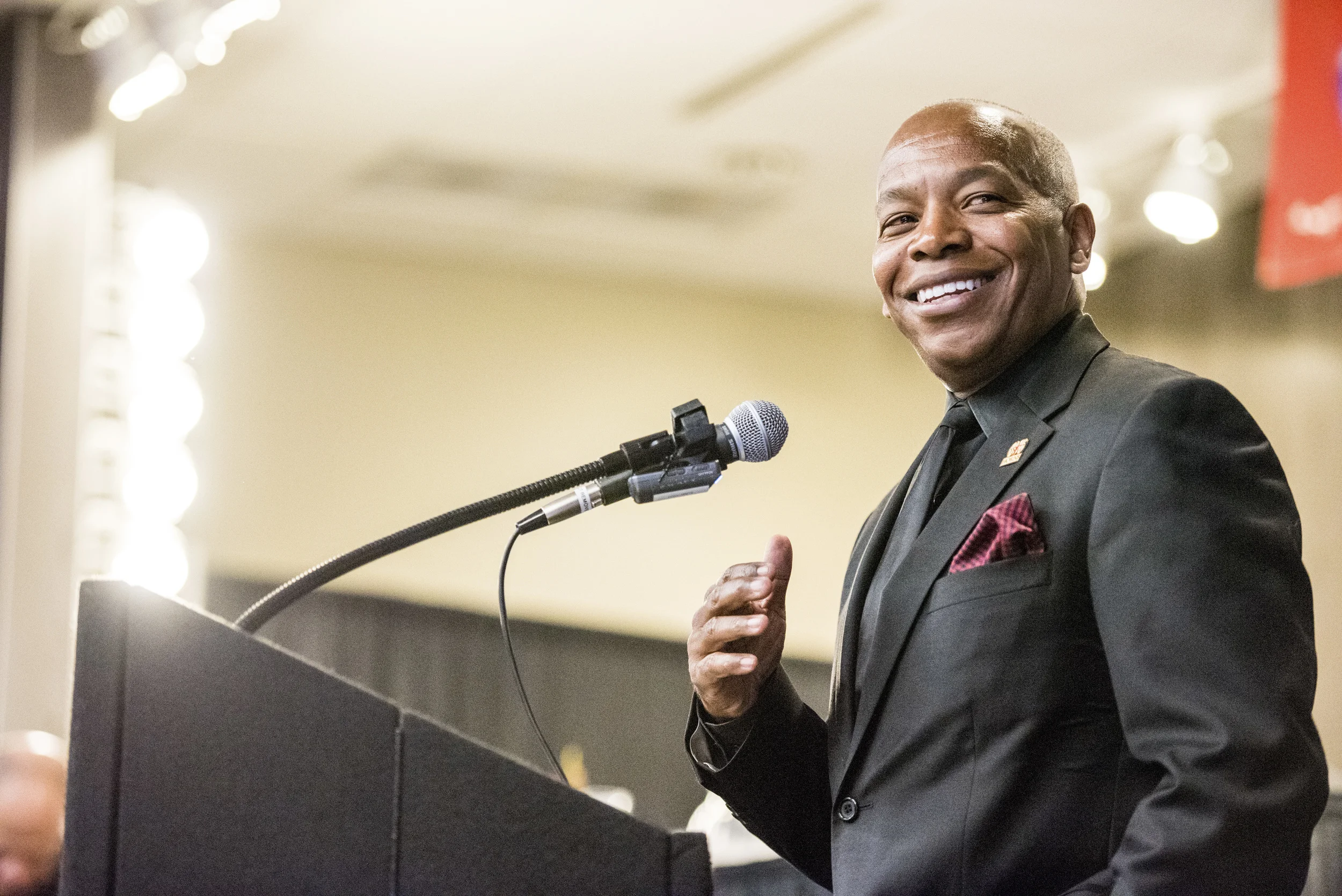  WSSU Chancellor Elwood L. Robinson congratulates his executive assistant, RaVonda Dalton Rann, as she is named ‘Woman of the Year’ at The Chronicle’s 31st Annual Community Service Awards on Saturday, April 23, 2016. (Photo by Erin Mizelle for the Wi
