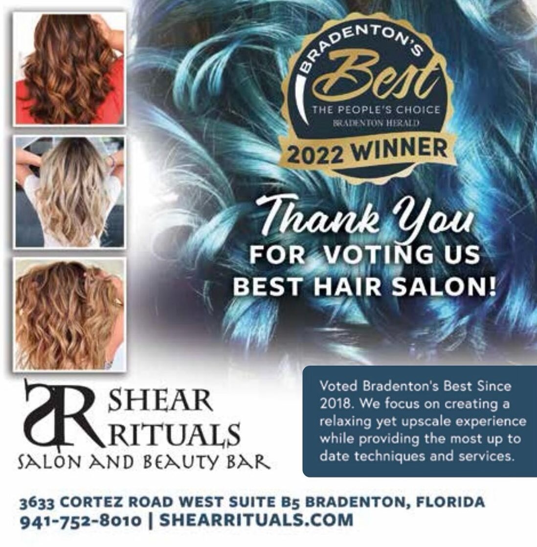 The Votes of @bradentonherald Peoples Choice Awards Are In-And We Can&rsquo;t Thank You Enough For Voting Us Bradentons Best Hair Salon! Thank You All So Much For Your Continued Love And Support. ❤️#youreawinnerbaby #bestofbradenton #shearrituals