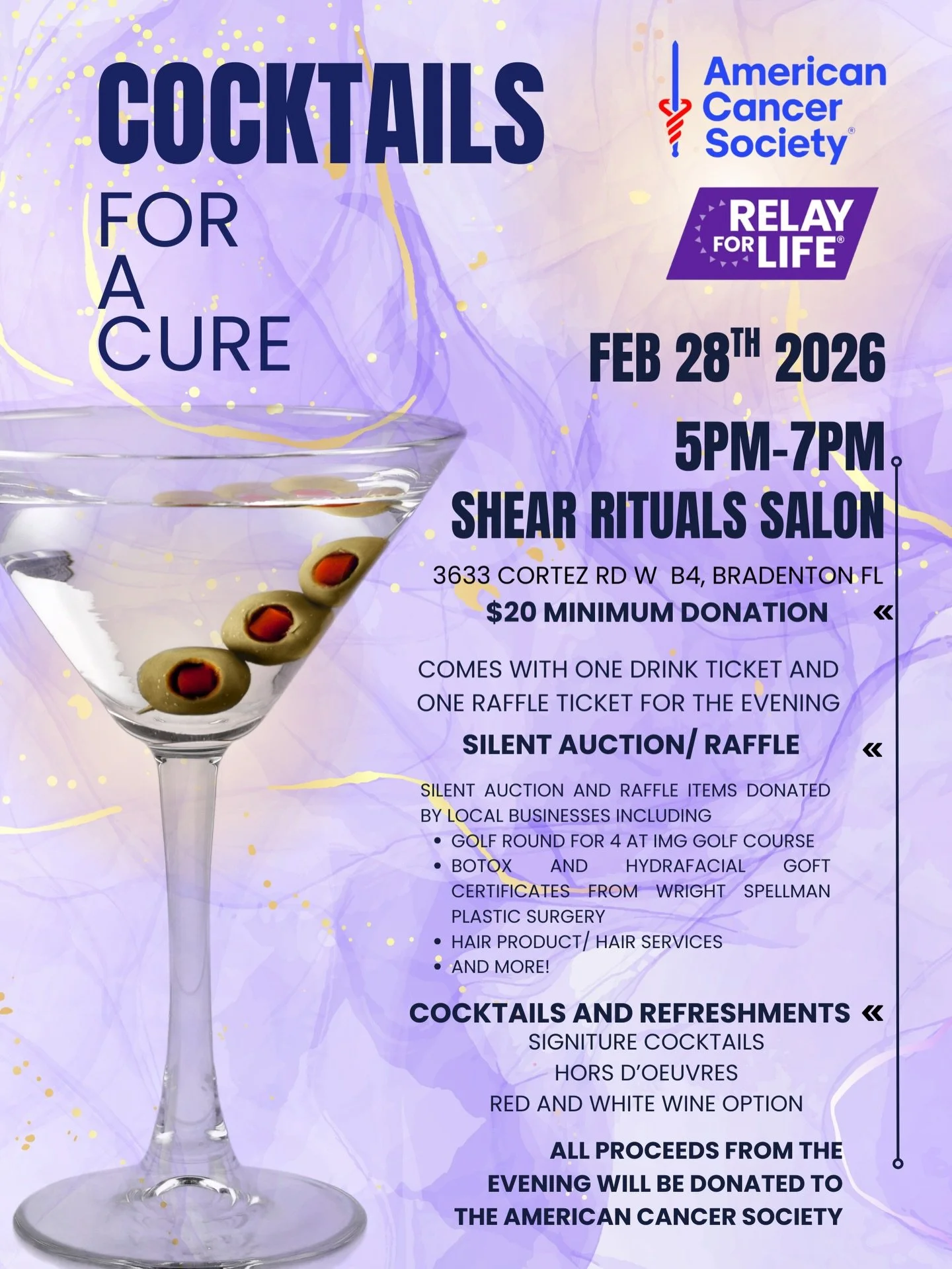 Please join us on February 28th for our cocktail party fundraiser benefiting @americancancersociety and @relayforlife 💜💜

If you are unable to attend but would still like to donate please use the link below 💜

https://mobileacs.org/t6xYTj