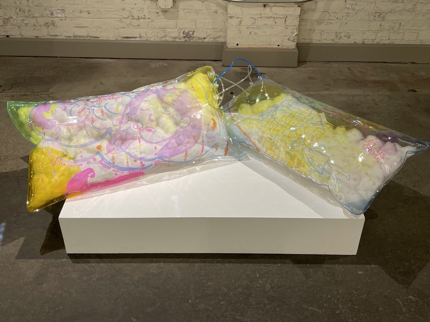  Let’s gasp together. PVC pillow, stuffings, dye, PVC tubes; 2021, 20x30in each 