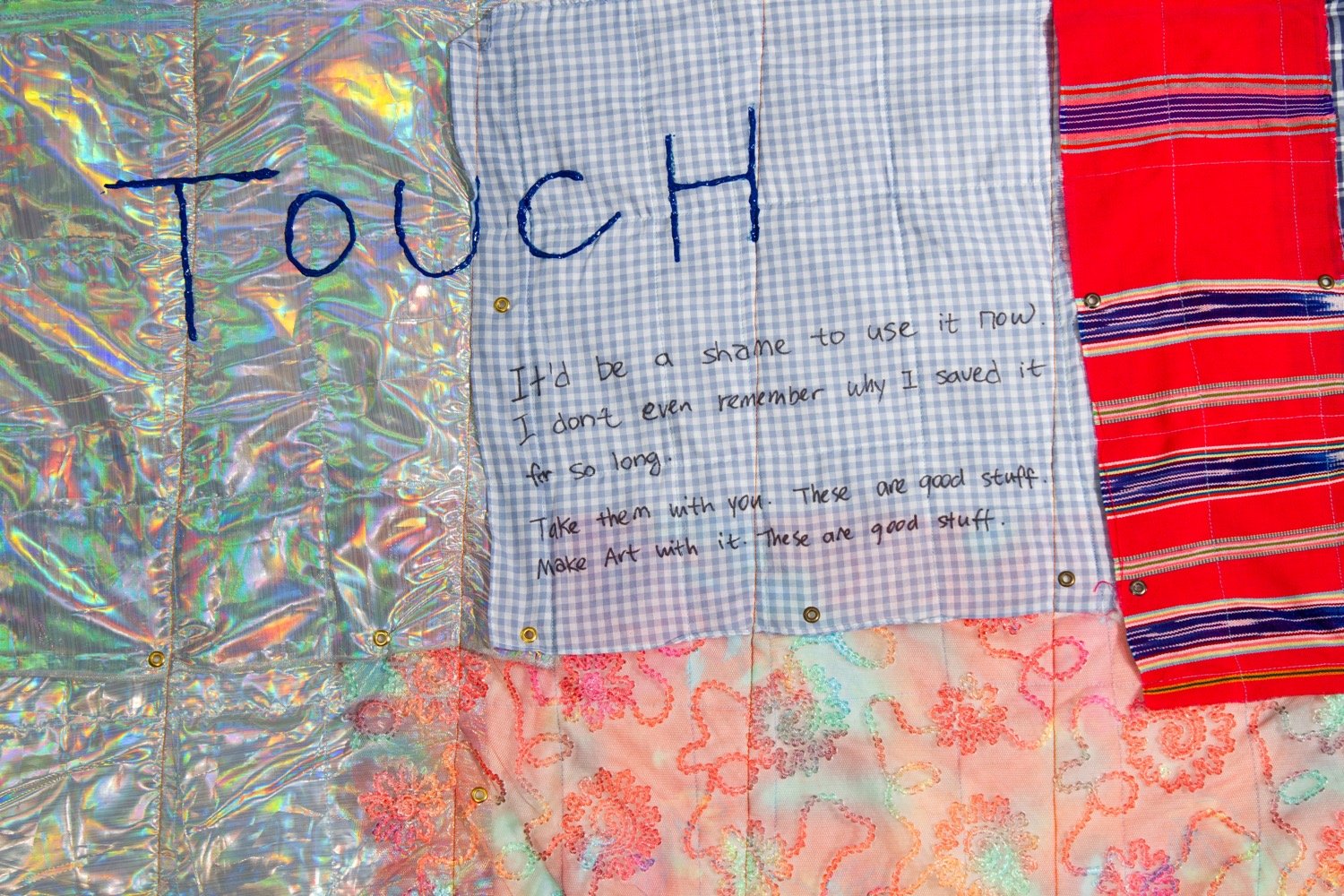   YIELD  (detail), Fabric, wash cloth, pigment, beads, puff paint; 2019, 66x77in 