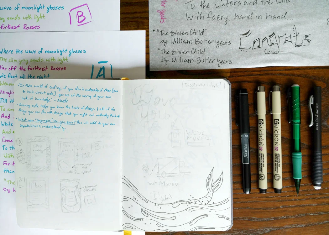 I create a number concept sketches for each project in pencil, before refining & finalizing them with ink. I also, do larger sketches to work through detailed parts of the design. The above concept sketches helped determine the final design for these mermaid invitations.