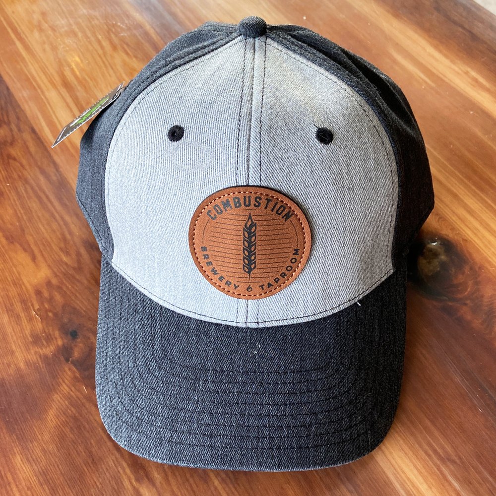 Combustion Brewery & Taproom — LIGHT GRAY/DARK GRAY LEATHER LOGO BASEBALL  HAT