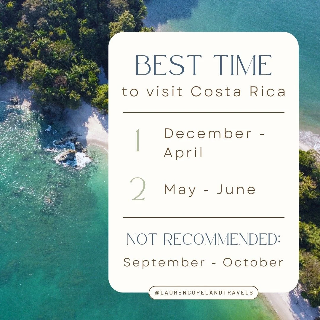 Let's talk about the best times to visit Costa Rica, friends!⁠
⁠
Costa Rica has so much to offer, and did you know that almost every region stays 80 degrees and above, all year long? Hello winter getaway!⁠
⁠
🏝️December - April: This is prime season 