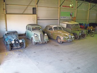 Included in the Clywd auction in April (left to right) are a 1938 Morgan, 1953 Ford Anglia, 1953 Bristol 403, 1961 Land Rover 88in, and a BSA motorcycle.