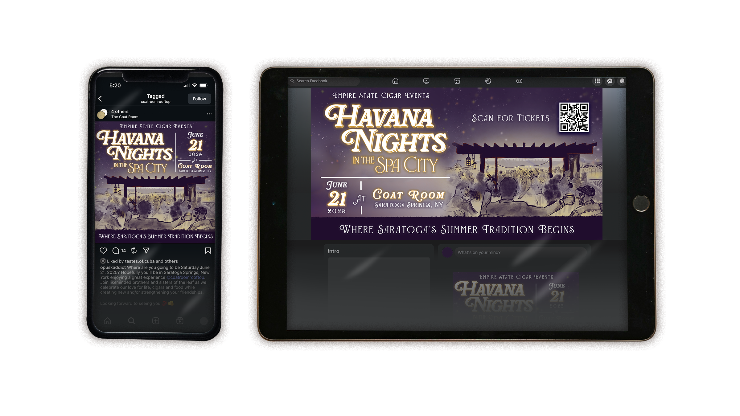 Digital mockup showing a smartphone and a tablet, both displaying promotional flyers for Havana Nights in the Spa City event, featuring a purple night scene with tables and lanterns, event details, date June 21, 2025, and a QR code for tickets.