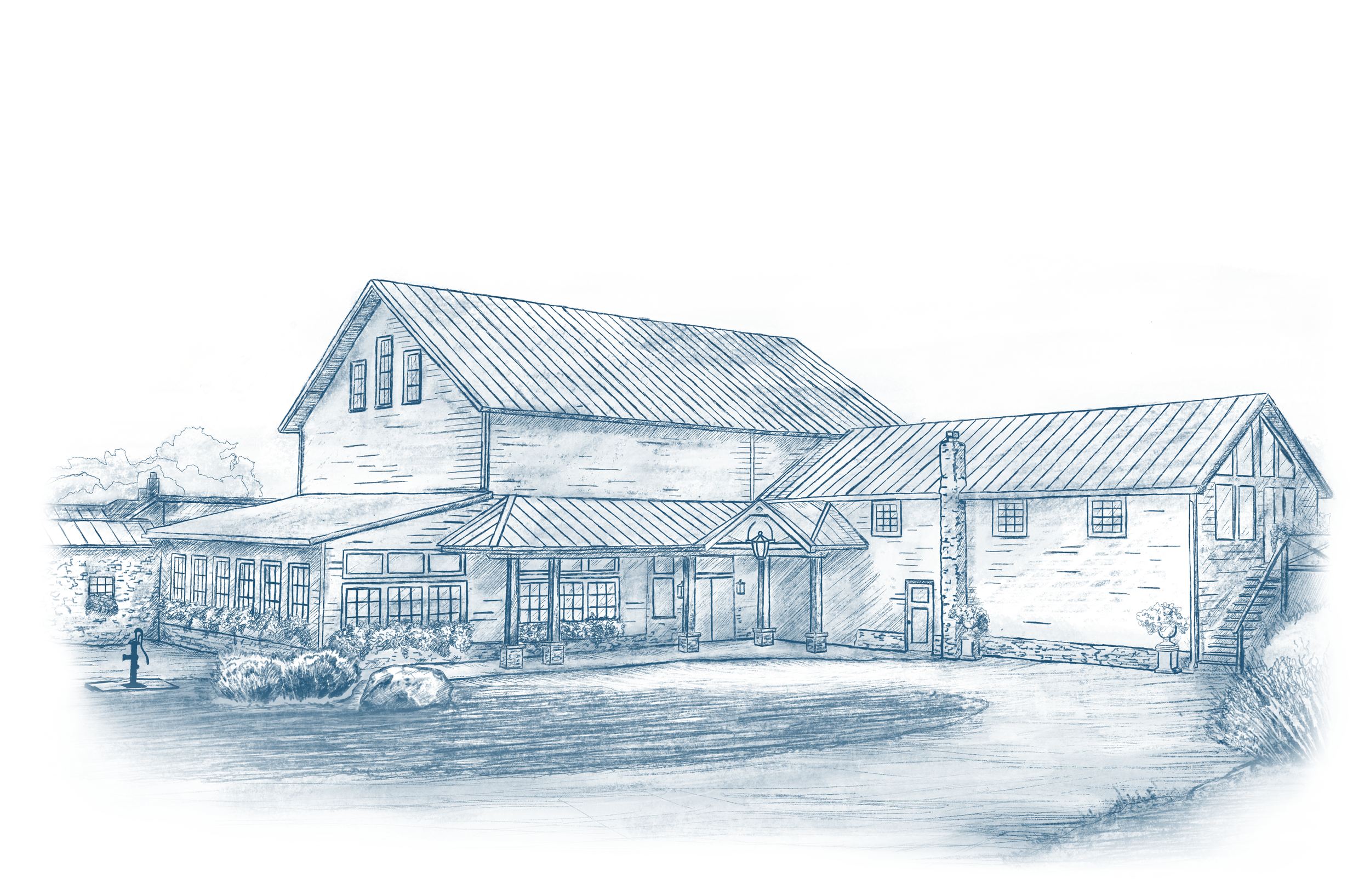 A sketch of a large house with multiple sections, gabled roofs, and a chimney, surrounded by landscaping and shrubbery.