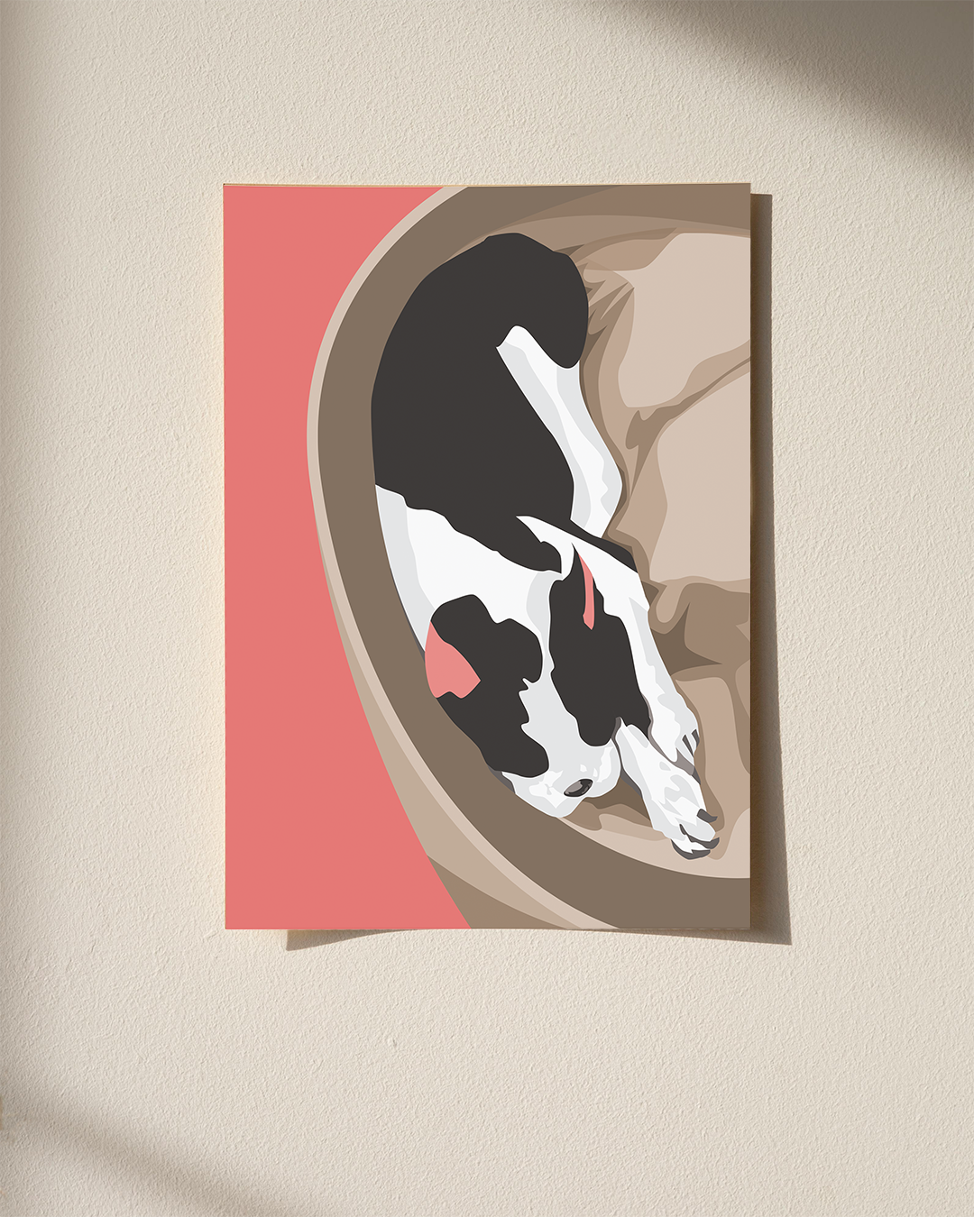 Digital illustration of a sleeping black and white dog curled up in a beige pet bed with a pink exterior, on a beige wall.