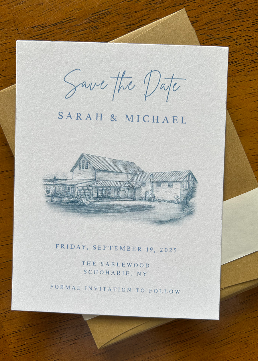 A wedding save-the-date card featuring a sketch of a building, with text announcing the event for Sarah and Michael on September 19, 2025, at The Sablewood in Schoharie, NY.