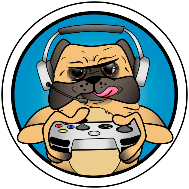 A cartoon pug dog wearing a gaming headset, holding a video game controller, with a focused expression and tongue out.
