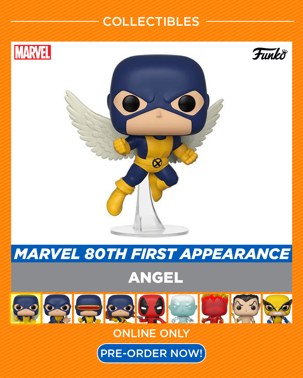 Funko Pop! gif for email and social media highlighting the marvel super hero collection. The gif runs like a classic arcade character selection menu.