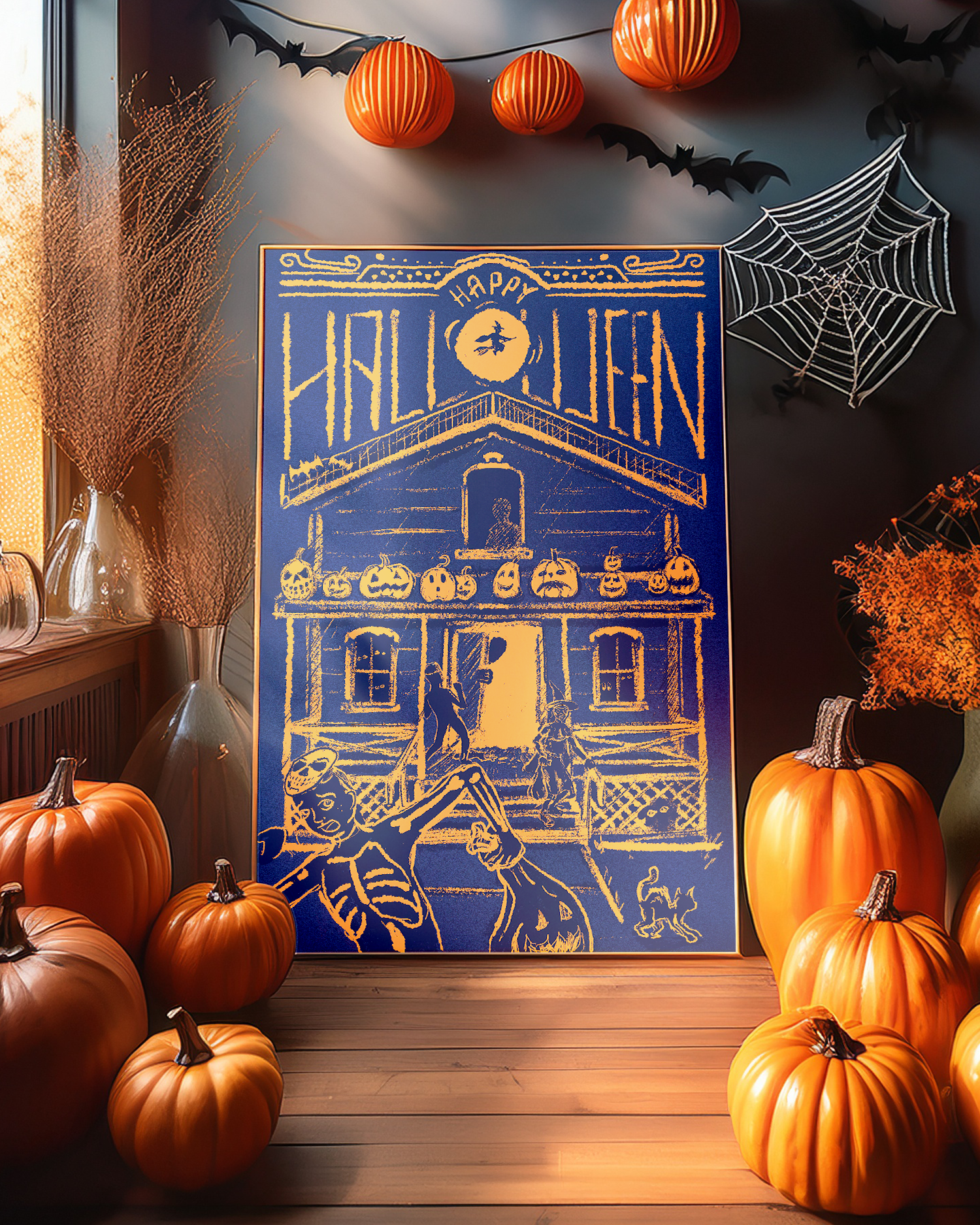 Halloween themed scene with orange pumpkins of various sizes surrounding a purple and yellow Halloween poster depicting a haunted house, skeletons, and pumpkins, with orange lanterns, spider webs, and dried plants as decorations.