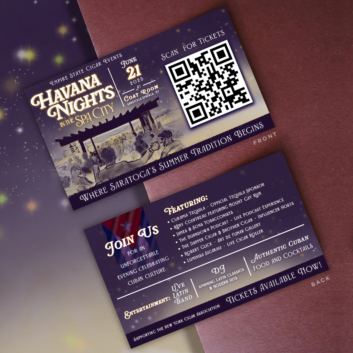 Event ticket for Havana Nights in Saratoga Springs, NY, featuring a past outdoor scene with people under a gazebo. Includes event date June 21, 2025, at Coat Room, and a QR code for tickets.
