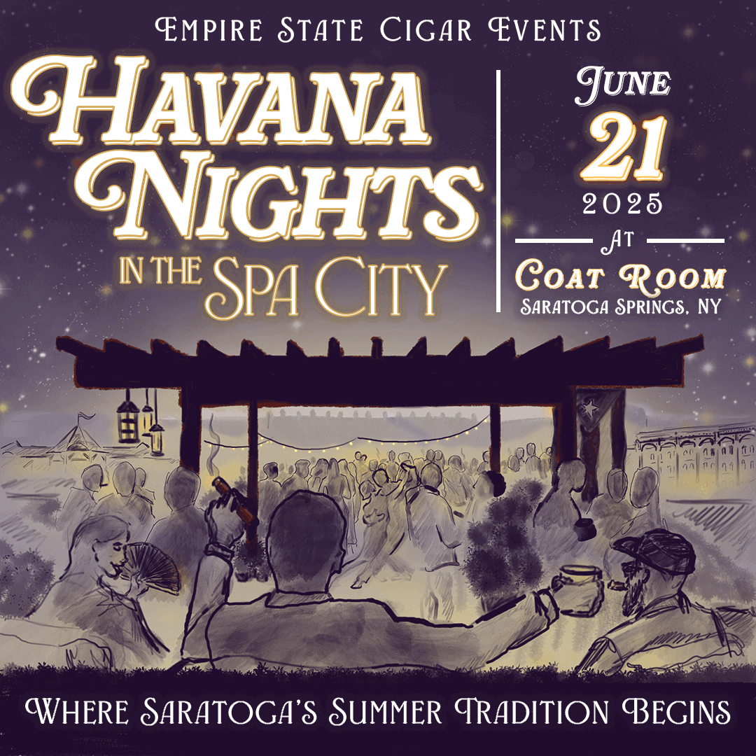 Flyer for Havana Nights in the Spa City event featuring an illustration of people gathering at an outdoor evening event with string lights and a tent, promoting cigar events on June 21, 2025, in Saratoga Springs, NY, with the tagline 'Where Saratoga's Summer Tradition Begins.'