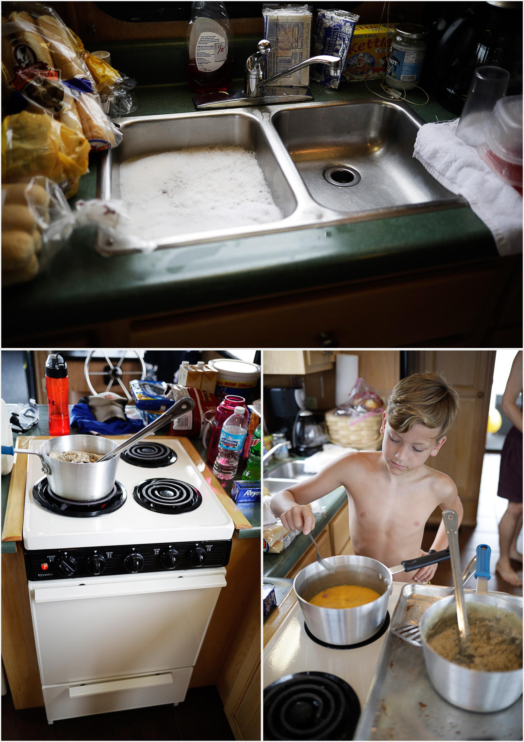 My youngest son cooking in the houseboat kitchen | Our Dale Hallow House Boat Adventure | J.B. TOLS