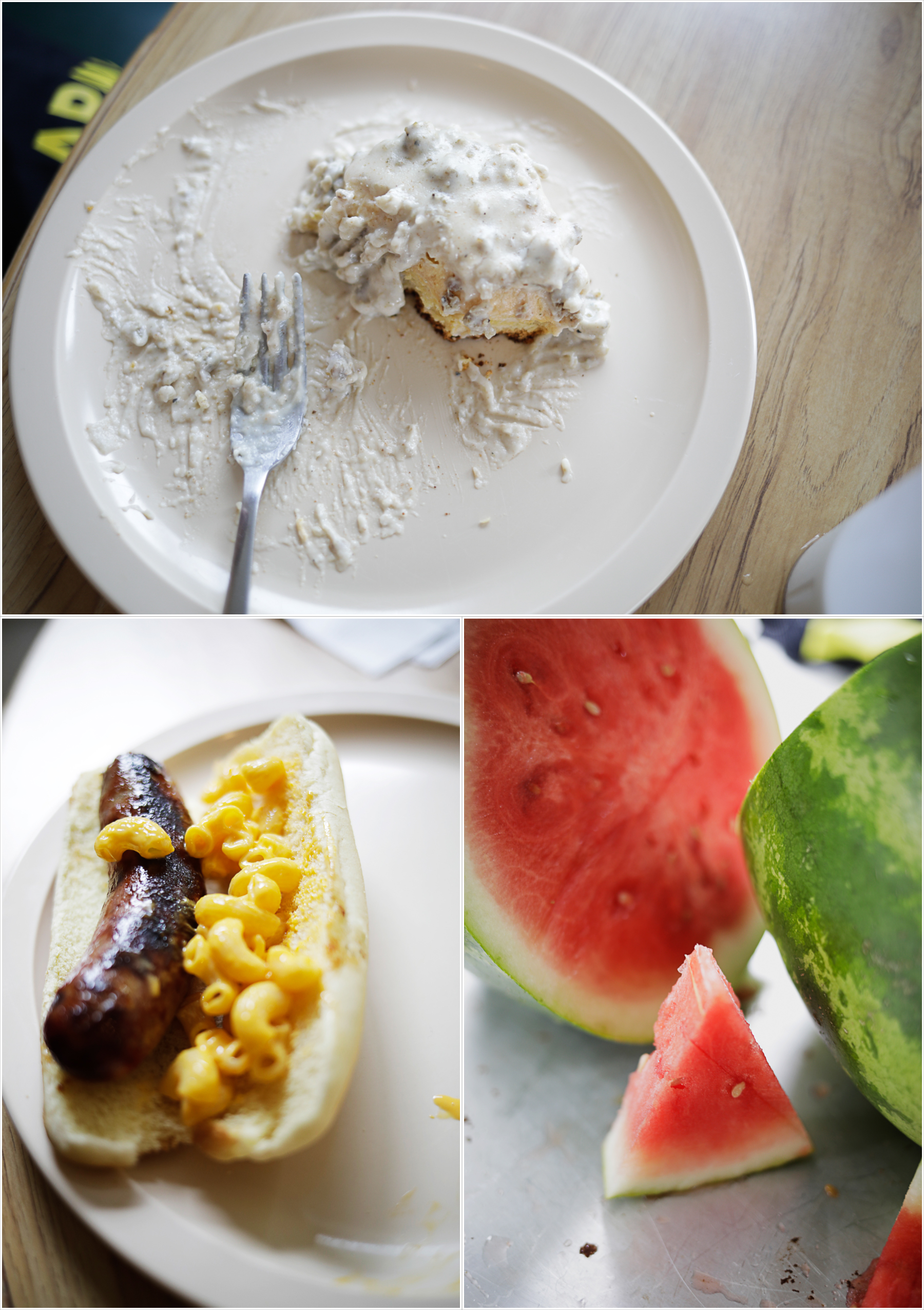 Biscuits and gravey, brats, and watermelon on the houseboat