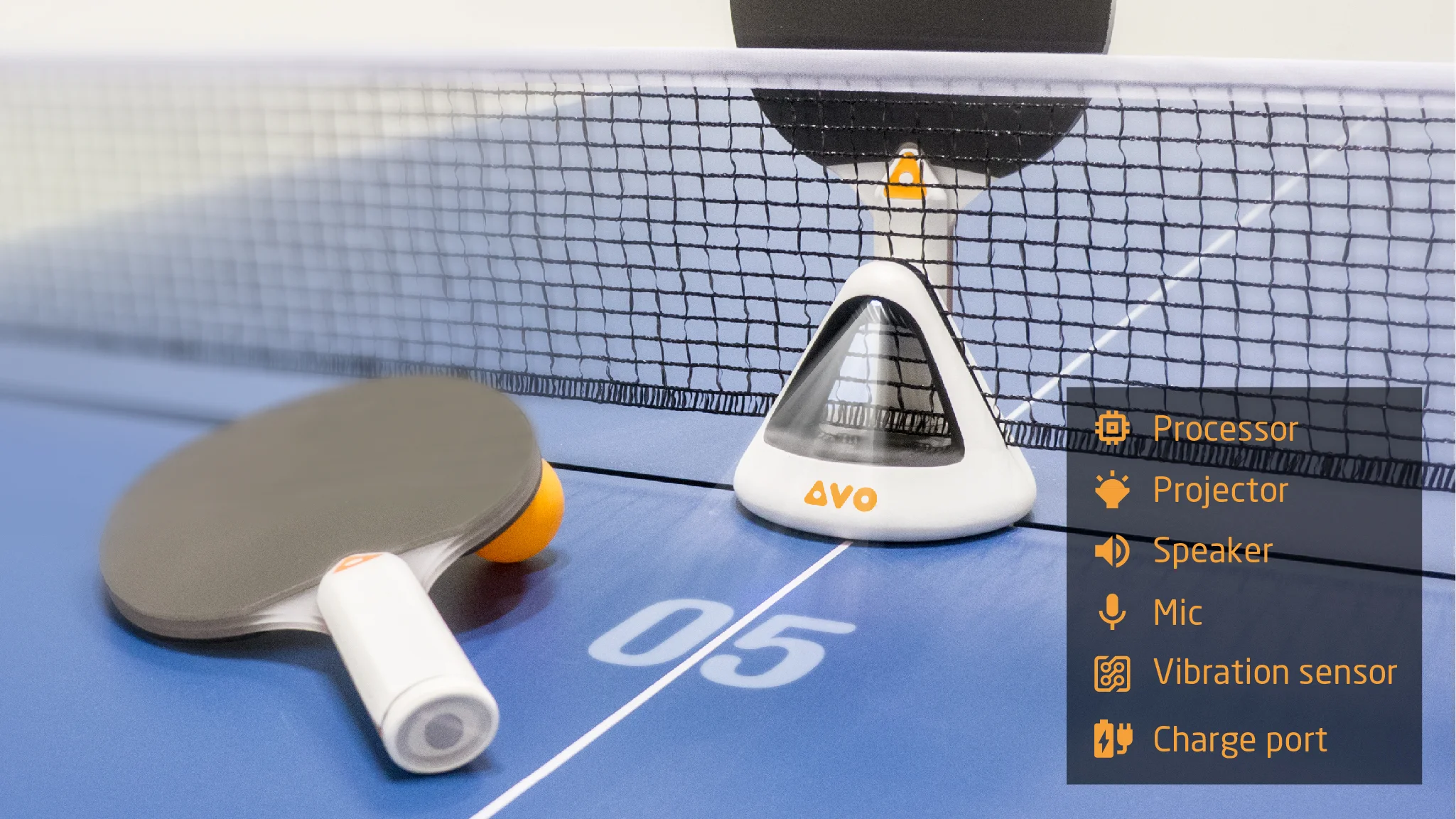 Components of the console As the brain of AVO, console do all the computing works. It uses microphones and vibration sensors to collect data from ball and net, and the speaker and projector to provide audio and visual feedback.