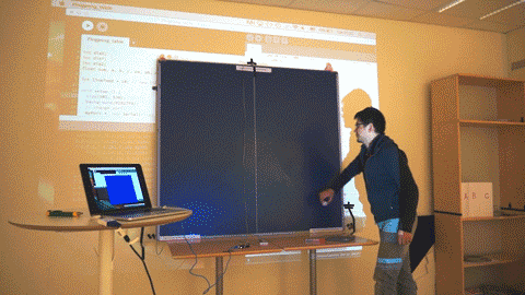 We thought, through adjusting the algorithm and parameters of volume-distance transition, It's feasible to measure the position of the bouncing point, and to test it we built this prototype of sound radar, which includes 3 microphones at the corners of the table, measuring sound levels, and using processing to translate data into graphics.