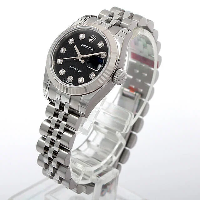 buy online Rolex Lady Datejust 26mm Black Jubilee Diamond Dial 18k White Gold Fluted Bezel Steel Jubilee Bracelet 179174 