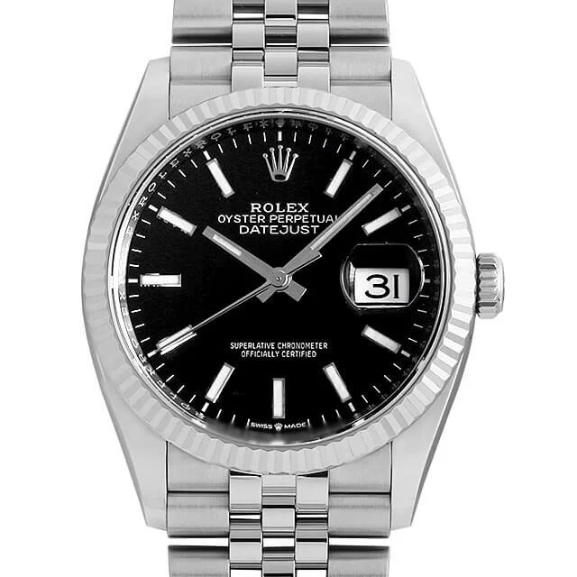 Rolex Datejust 36mm Black Dial White Gold Bezel on Jubilee