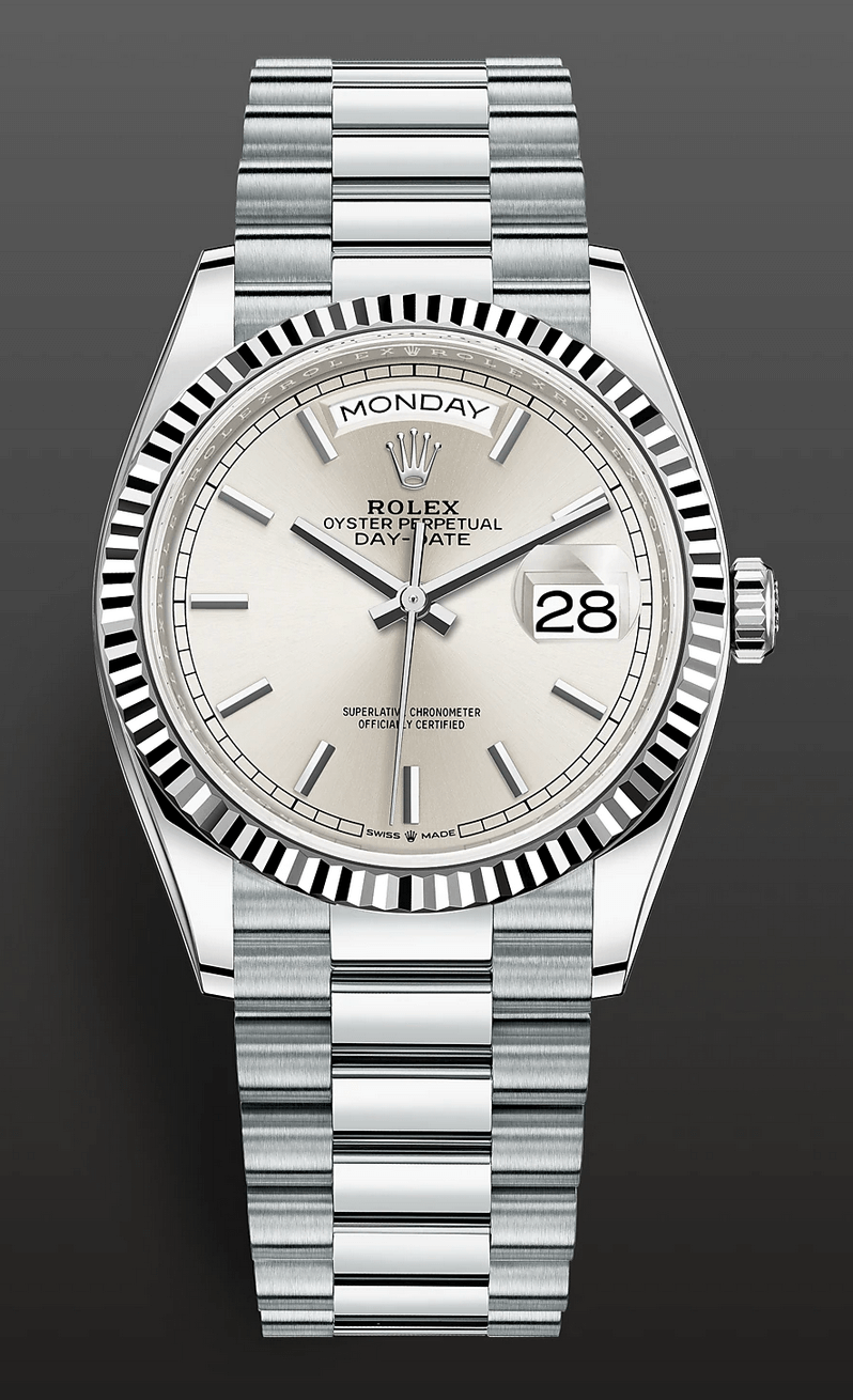 Rolex Day-Date 36 Silver Index Dial Bezel President 128236
