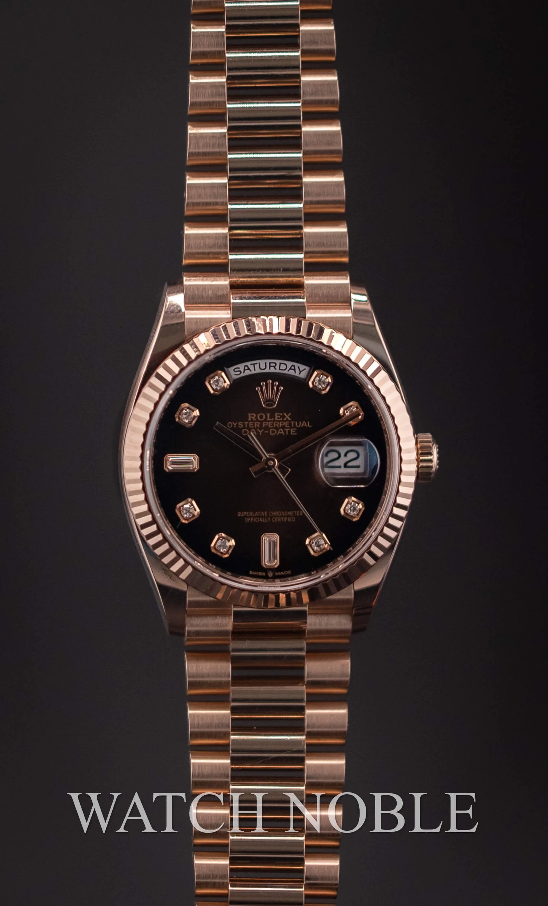 Pre-owned Rolex Day-Date 36 Brown Ombre Diamond Dial Bezel 18K Rose Gold President 128235