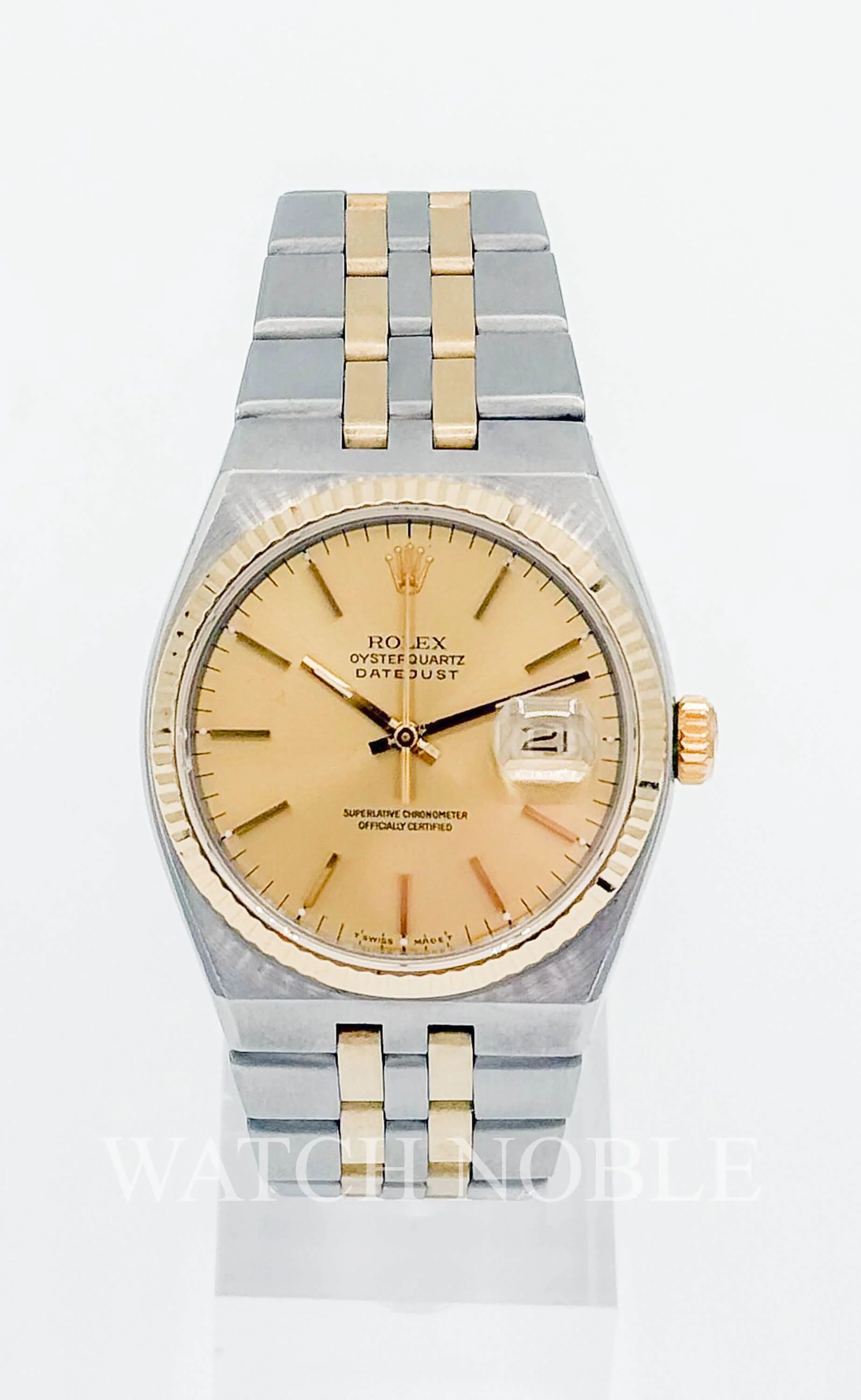 Pre-owned Rolex Datejust Oysterquartz Champagne Dial 36mm Steel Gold Integral Bracelet 17013 Box and Papers.