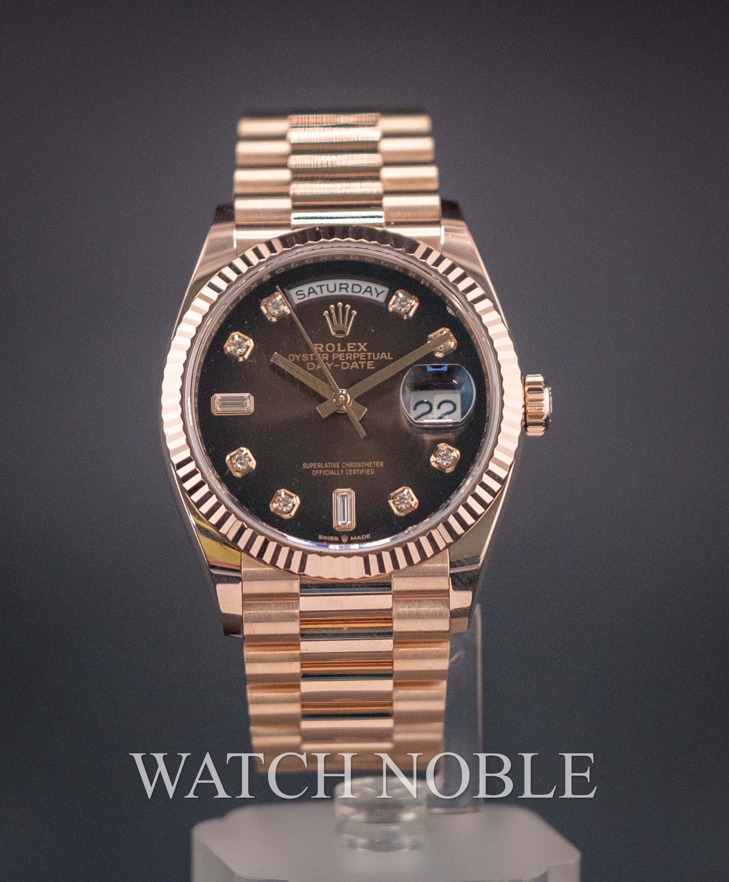 Pre-owned Rolex Day-Date 36 Brown Ombre Diamond Dial Bezel 18K Rose Gold President 128235