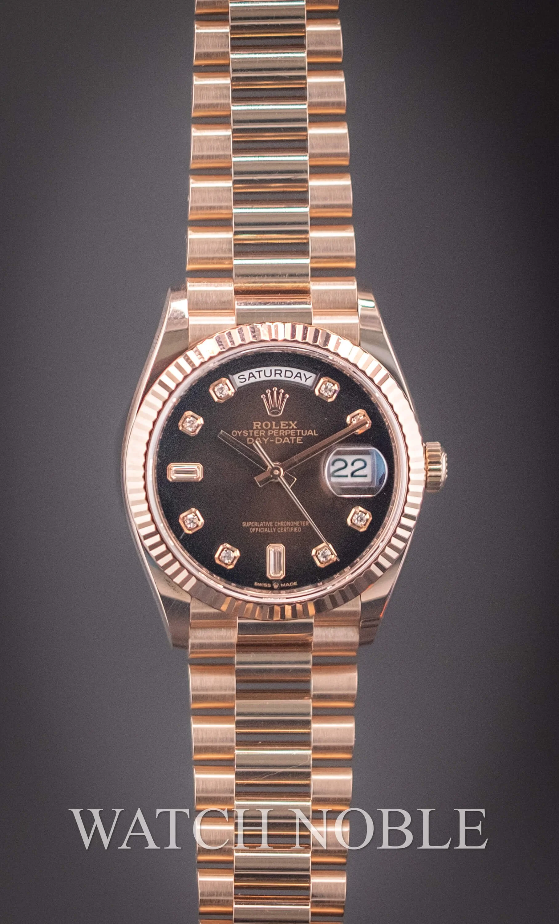 Pre-owned Rolex Day-Date 36 Brown Ombre Diamond Dial Bezel 18K Rose Gold President 128235