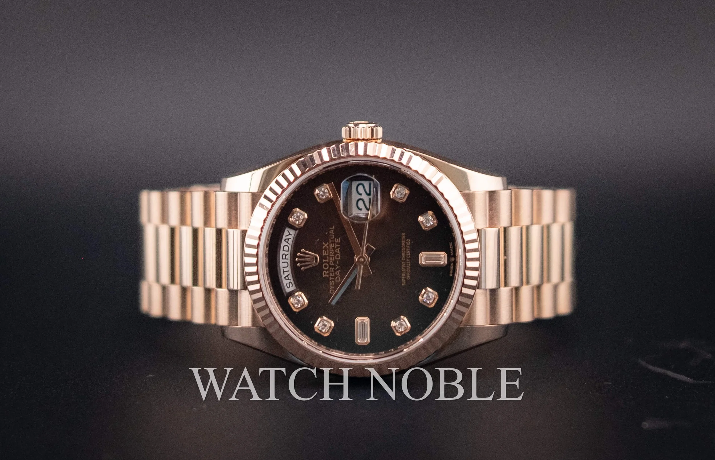 Pre-owned Rolex Day-Date 36 Brown Ombre Diamond Dial Bezel 18K Rose Gold President 128235