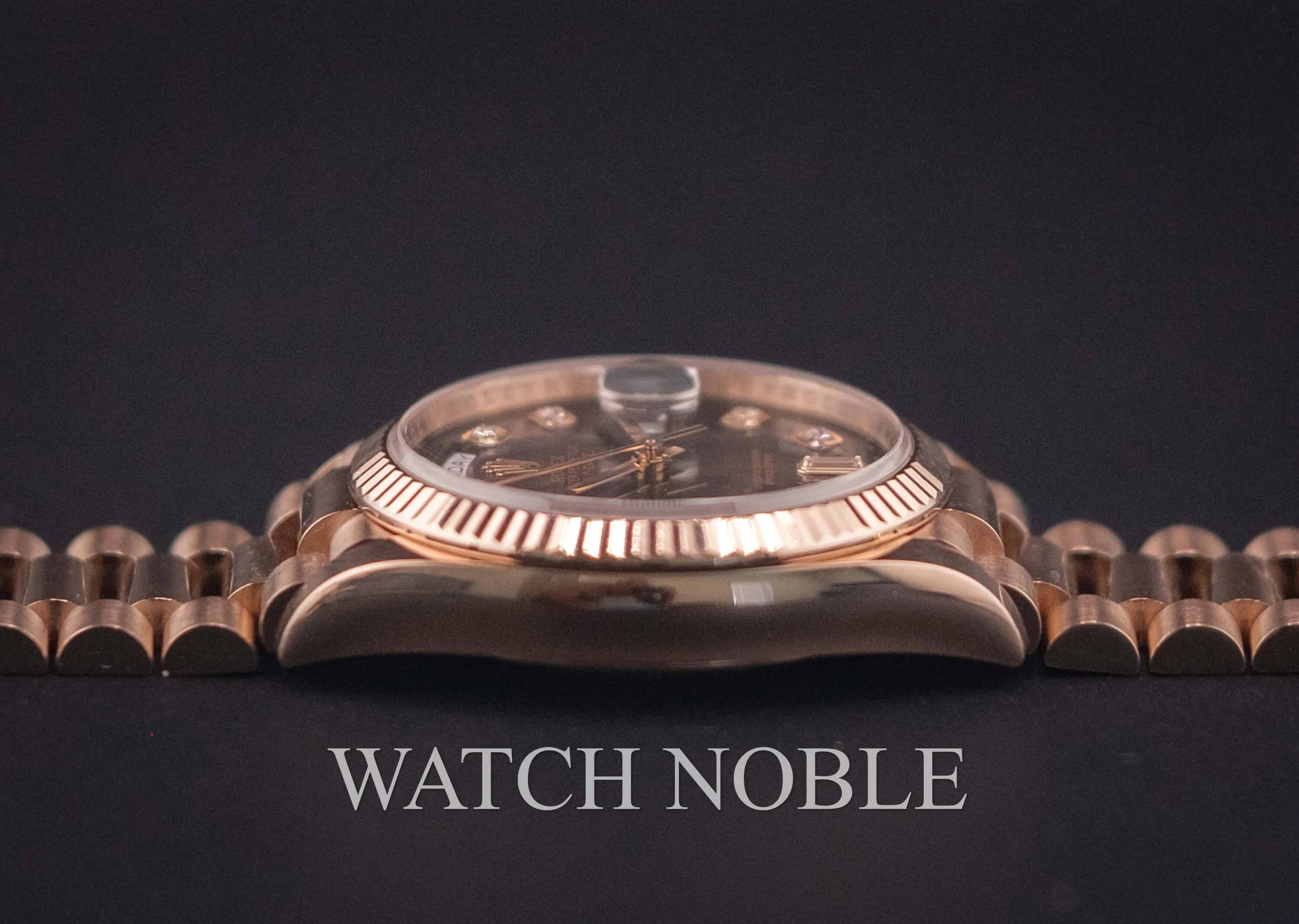 Pre-owned Rolex Day-Date 36 Brown Ombre Diamond Dial Bezel 18K Rose Gold President 128235