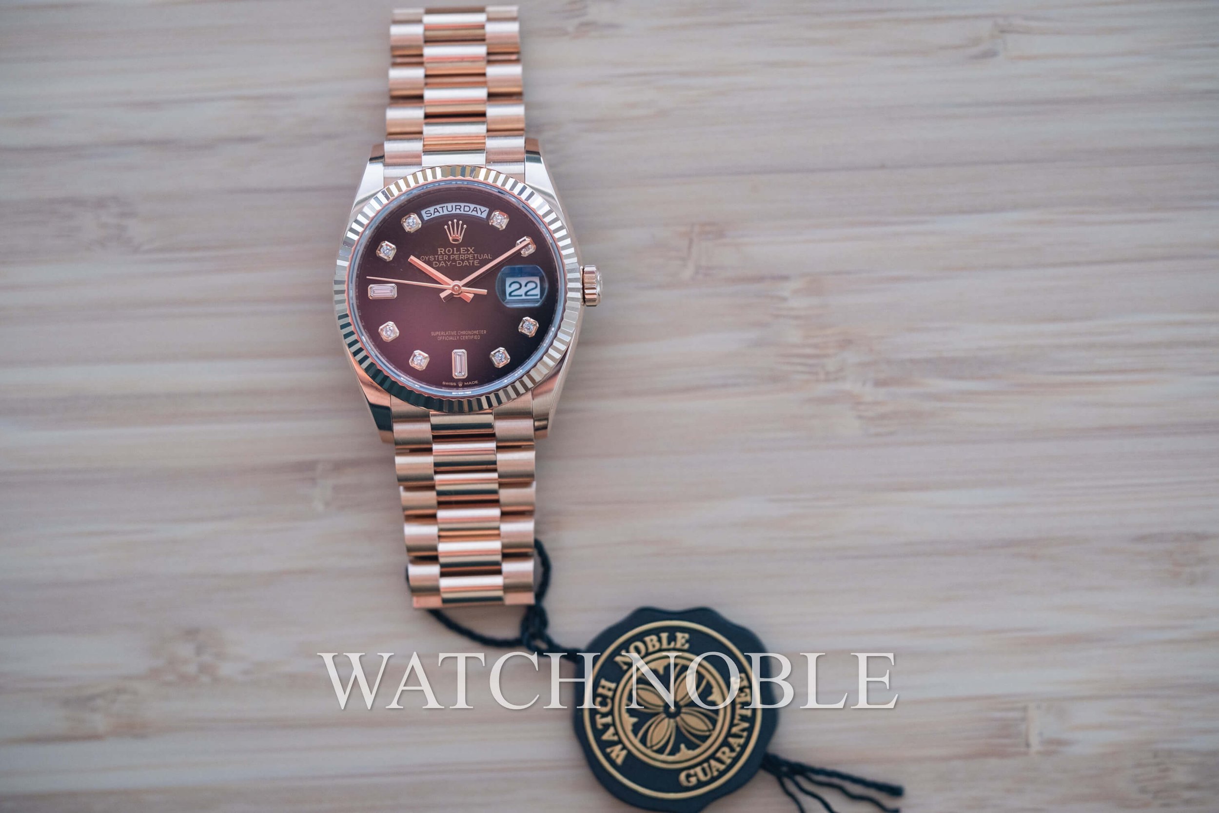 Pre-owned Rolex Day-Date 36 Brown Ombre Diamond Dial Bezel 18K Rose Gold President 128235