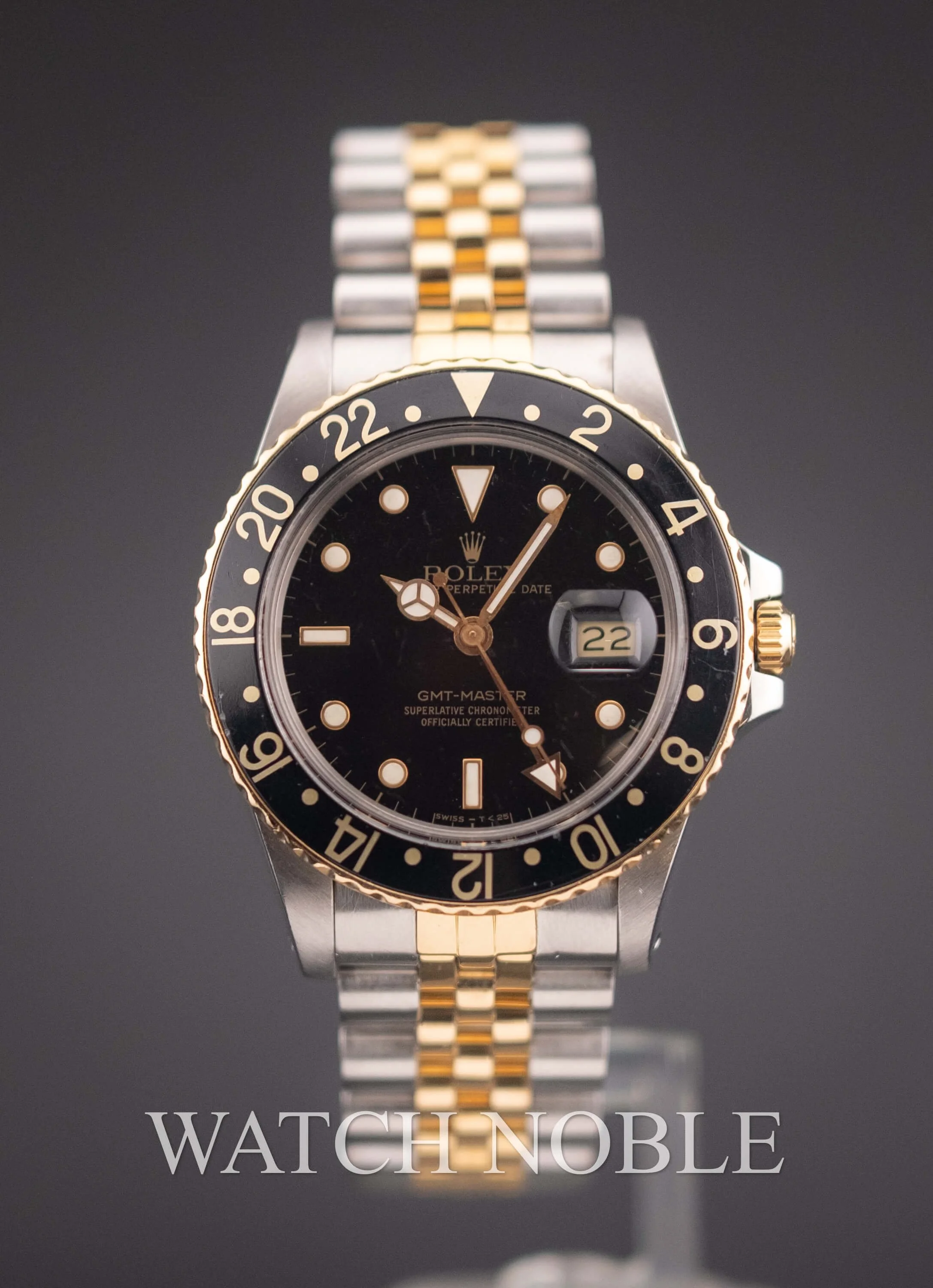 Vintage Rolex GMT Master 16753 Root Beer Bezel Stainless Steel /18k Yellow Gold Black Dial Jubilee Bracelet.