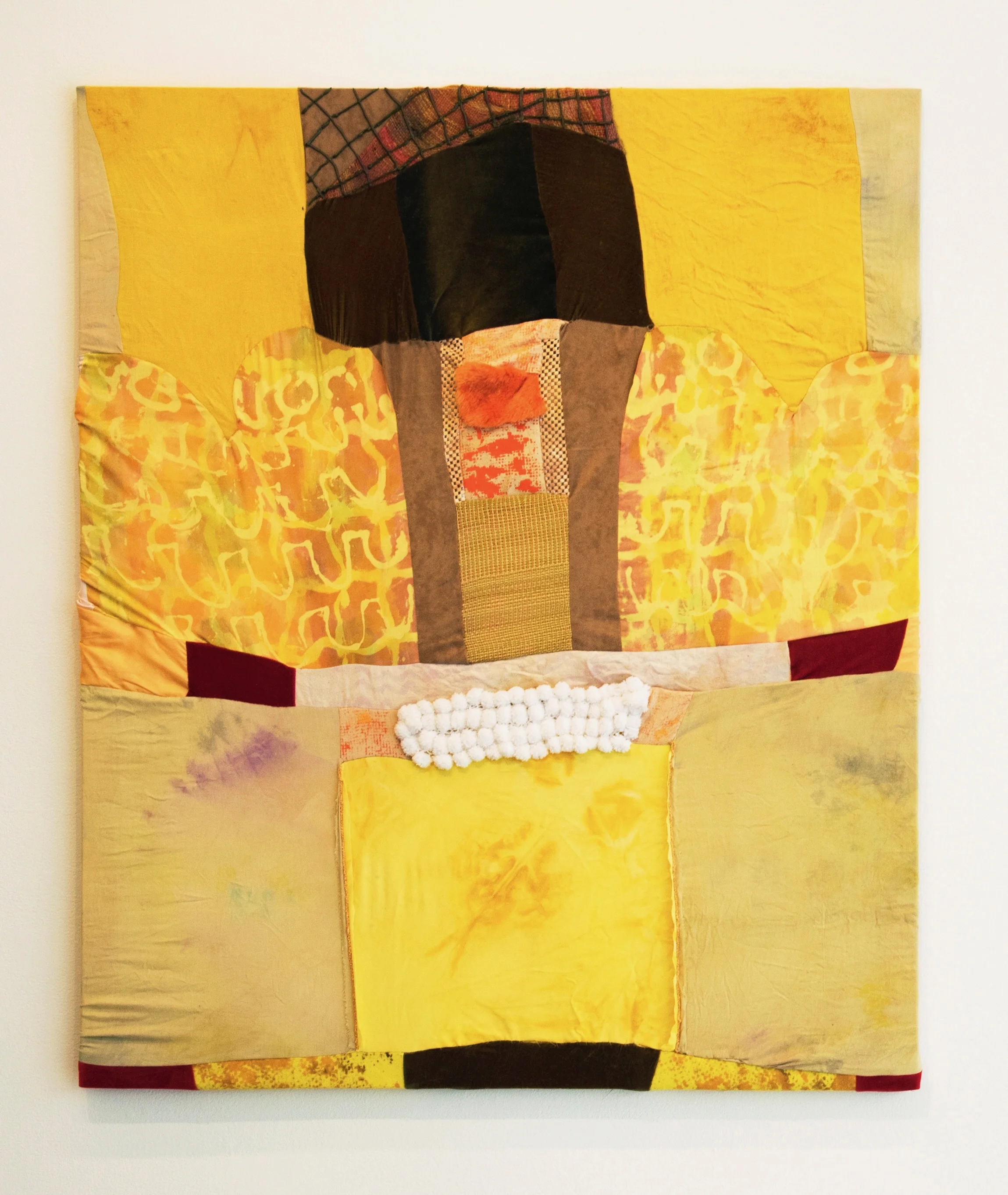 Isabelle O'Donnell, Sun Spots , Turmeric, green tea, food coloring, dye, acrylic paint, enamel paint, hand woven wool, cotton fabric, acrylic felt, velvet, velour, pom poms, faux fur, plush rug pad, 41 x 49 inches, 2017