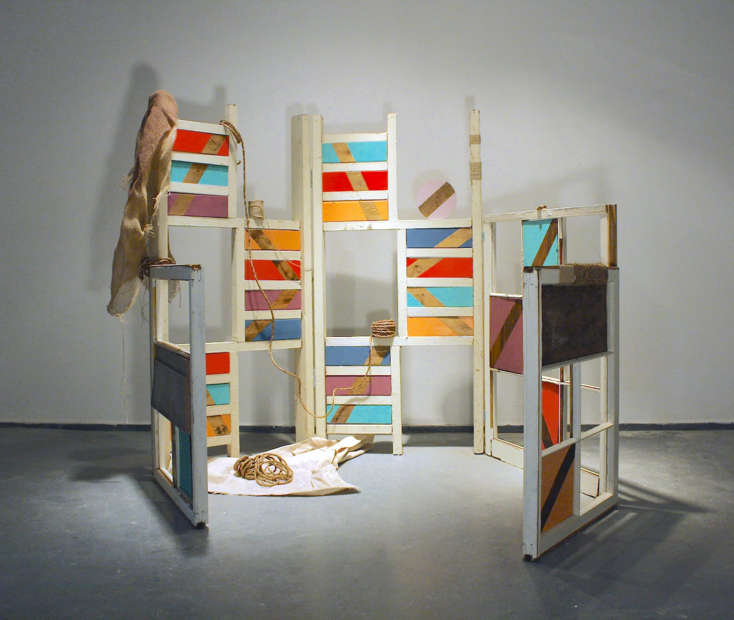 55x60x60 , wood, oil stain, acrylic paint, Abacá rope, jute twine, canvas, burlap, 55 x 60 x 60 inches