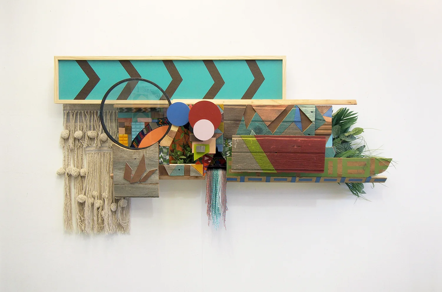 39x72x12 , wood, glass, cardboard, plastic, acrylic paint, oil stain, tape, patterned textiles (Guatemala), woven wall hanging, artificial plants, 39 x 72 x 12 inches