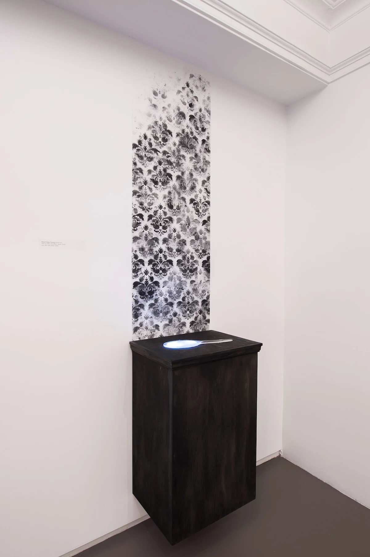 Will You Miss Me When I Burn (21c Museum Hotel, Cincinnati, OH and Louisville, KY), Ash, kiln cast glass, video, wood, 108 x 24 x 12 inches, 2014