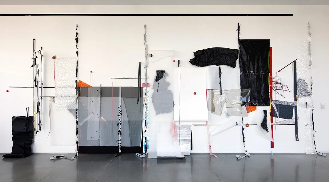 Situations: Zone 6 (Rockland); 2017; Mylar, lenticular plastic, black aluminum foil, foam rubber, styrofoam, plastic garbage bags, plastic tarps, rubber ball, copper and steel mesh, t-pins; Approximately 156 x 384 x 20 inches. Materiality: The Matter of Matter , Center for Maine Contemporary Art, Rockland, Maine.