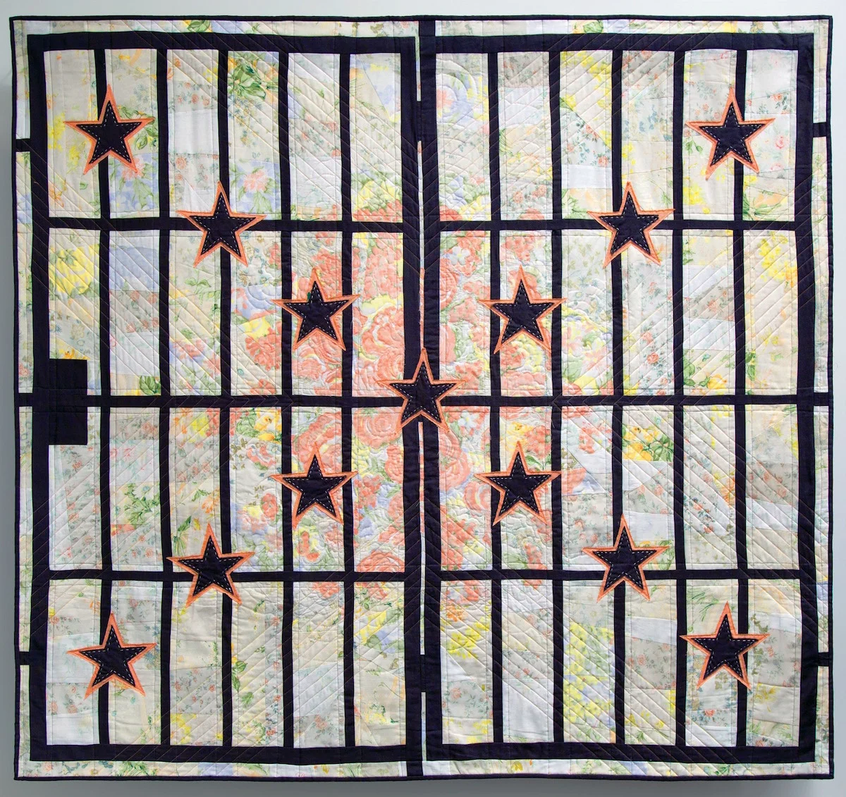 Jessica Wohl, Stars and Bars , found fabrics, bedsheets, pillow cases, shirts, embroidery and machine quilting, 60 x 60 inches, 2016