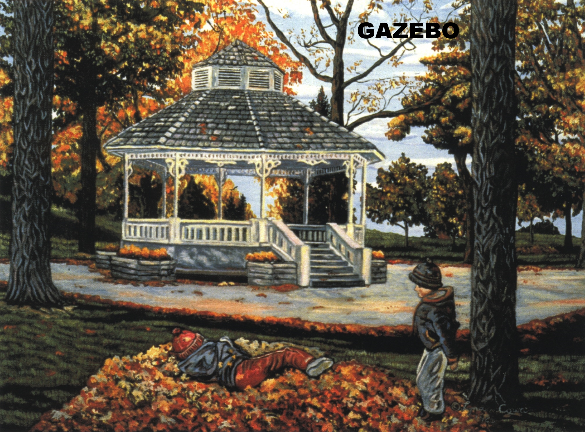  Always fun to do in the fall, is to play in the fallen leaves. The children here are jumping in the freshly made piles at Gage Park, Brampton. This is how the park appeared before the circular rink for ice skating was was built. 