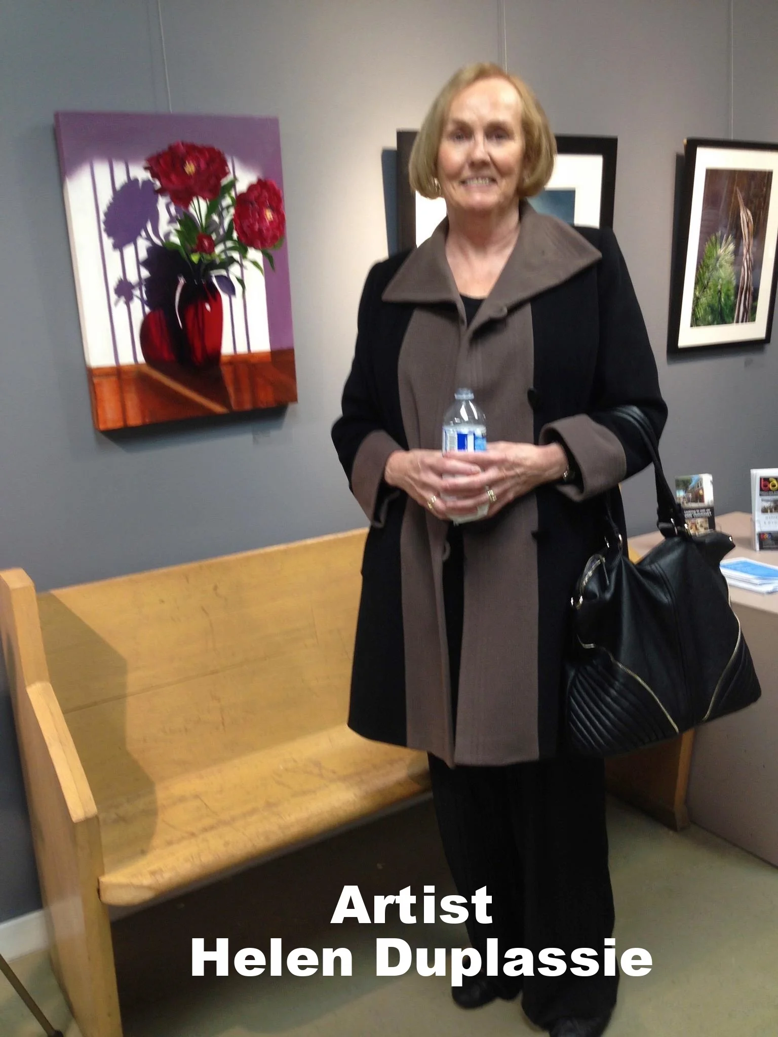 Artist Helen Duplassie at the opening reception of the 9th Annual Open Juried show at Beaux Arts Brampton., April 7/16. Helen's beautiful painting of the red flowers in a vase was selected for the exhibition. 