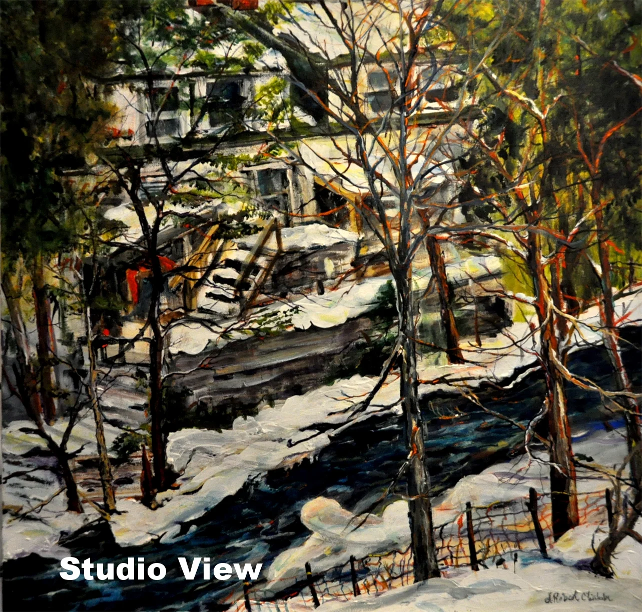 This strong, impressionistic artwork is a view from outside Studio 202 in the Alton Mill Arts Centre. A wonderful acrylic which draws the viewer in, this piece was juried in to the Colour and Form Society show in July /16 held at the PaperMill Gallery, Todmorden.