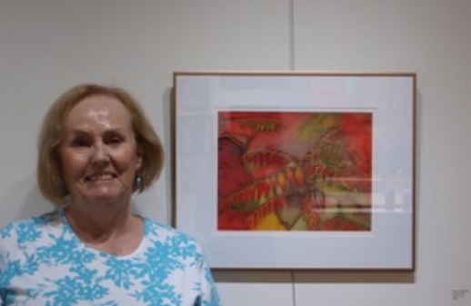Artist Helen Duplassie beside her dye on silk painting, “Sumac,” which took second prize at “The Rose Garden Show” at Beaux-Arts, Brampton, July 2016.