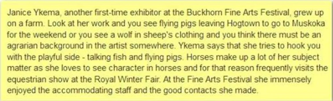 Article in the Peterborough Examiner in 2016 about artist Janice Ykema.