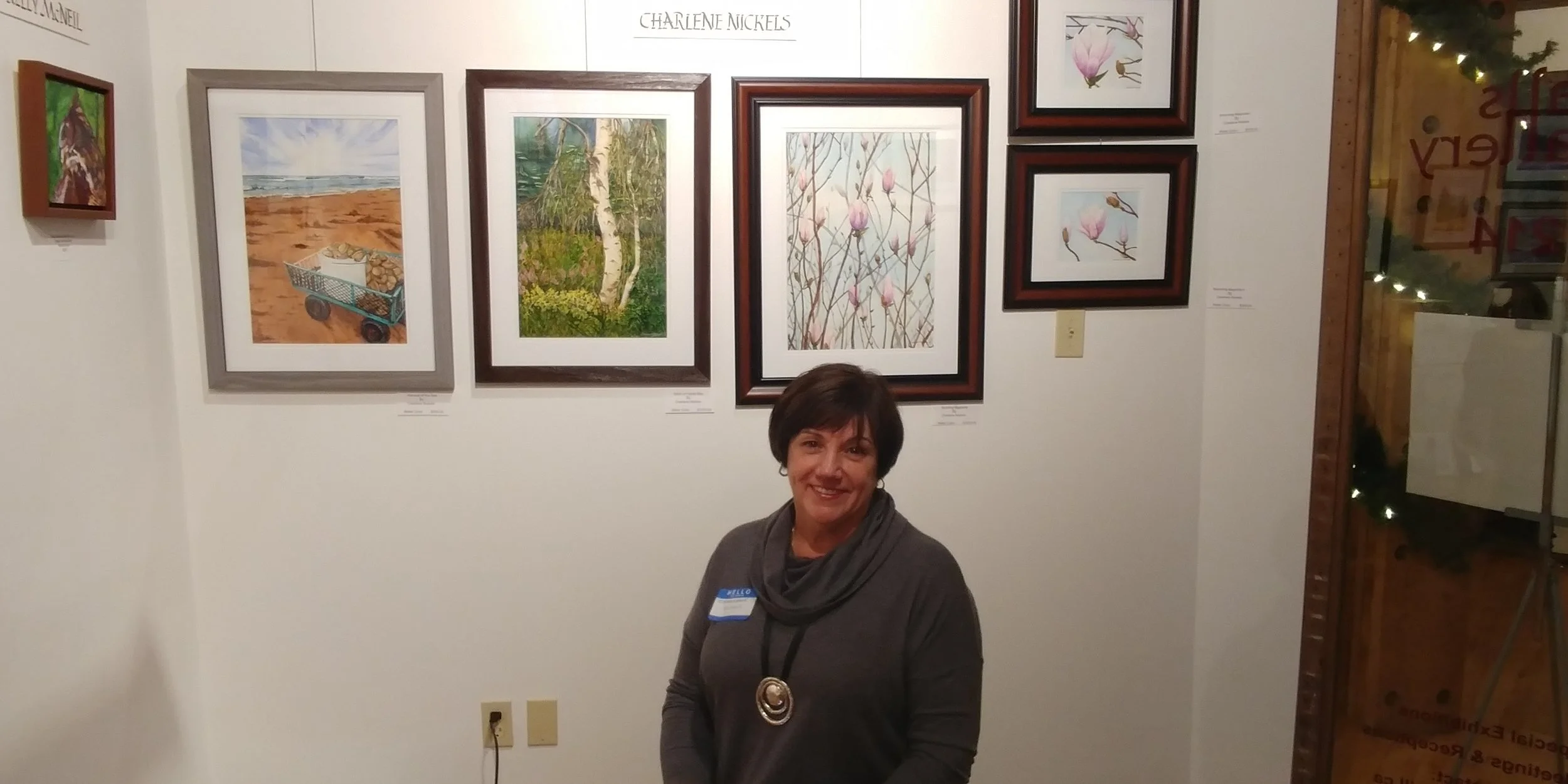 Charlene Nickels with her artwork during the exhibition in the Falls Gallery at the Alton Mill Art Centre in November 2017 with the North Brampton Watercolour Society.