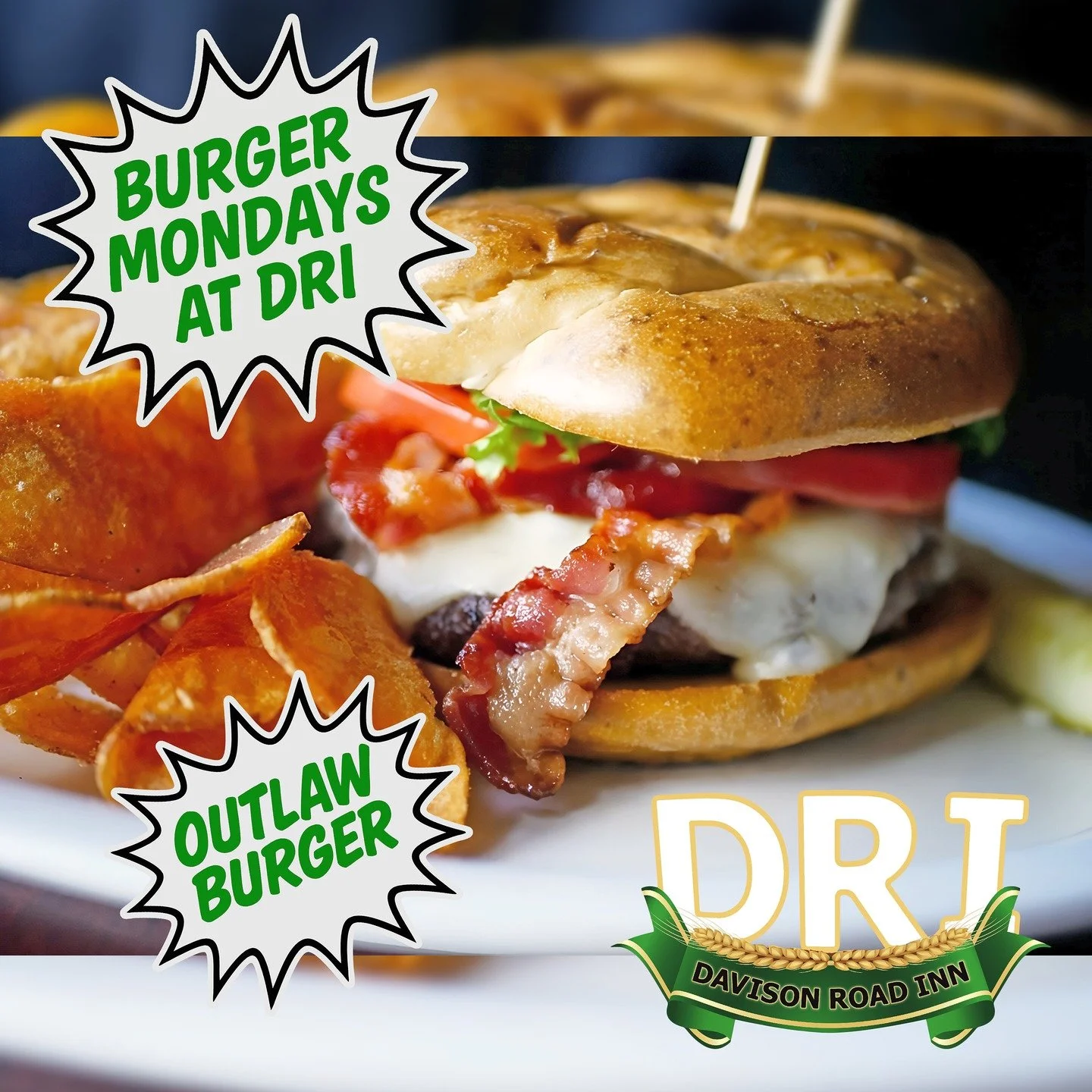 𝐃𝐑𝐈 𝐢𝐬 𝐘𝐨𝐮𝐫 𝐁𝐮𝐫𝐠𝐞𝐫 𝐇𝐨𝐭𝐬𝐩𝐨𝐭 𝐄𝐯𝐞𝐫𝐲 𝐌𝐨𝐧𝐝𝐚𝐲!!!🍔😋

On Burger Night, we feature our classic burger special, which comes with homemade chips and a pickle for just $10.00! Fries for an additional $1.99.

𝗪𝗲 𝗮𝗹𝘀𝗼 𝗵𝗮?