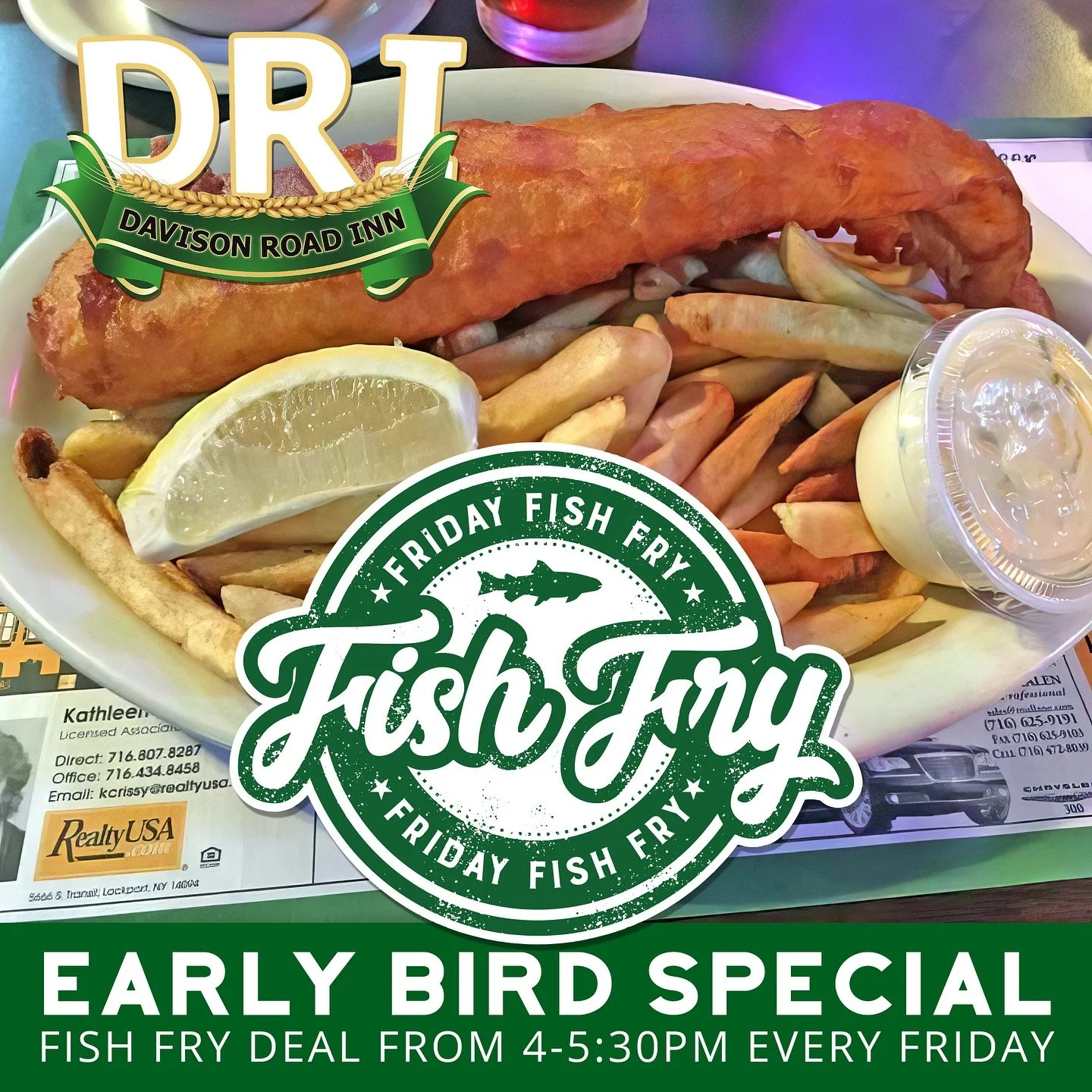 𝐓𝐡𝐞 𝐄𝐚𝐫𝐥𝐲 𝐁𝐢𝐫𝐝 𝐂𝐚𝐭𝐜𝐡𝐞𝐬 𝐭𝐡𝐞 𝐅𝐢𝐬𝐡 𝐅𝐫𝐲 @ 𝐃𝐑𝐈 𝐨𝐧 𝐅𝐫𝐢𝐝𝐚𝐲𝐬🐟🤤

From 4:00-5:30PM today and every Friday we offer an early bird special for our fish fry! The special comes with your choice of fish (beer-battered, bre