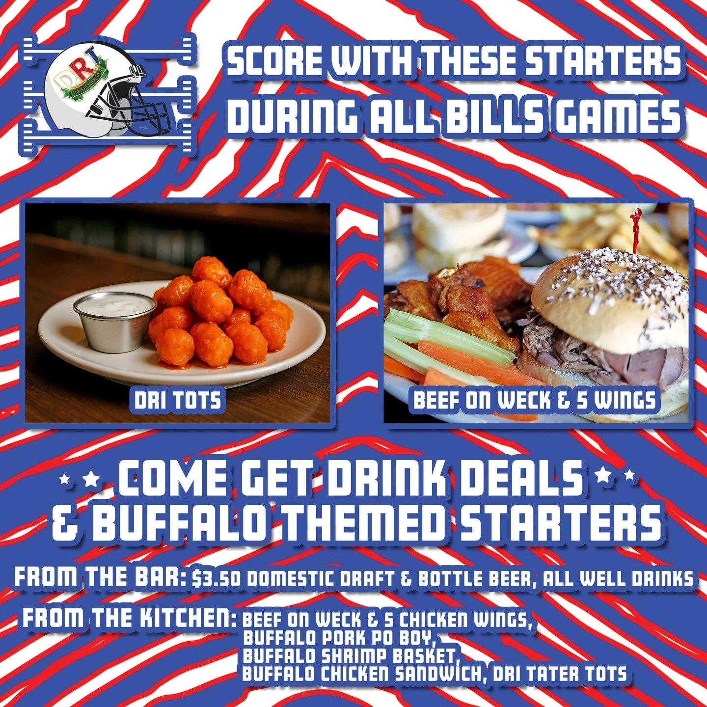 𝐒𝐭𝐚𝐫𝐭 𝐘𝐨𝐮𝐫 𝐒𝐮𝐧𝐝𝐚𝐲 𝐎𝐟𝐟 𝐑𝐢𝐠𝐡𝐭 𝐖𝐢𝐭𝐡 𝐎𝐮𝐫 𝐁𝐫𝐮𝐧𝐜𝐡 𝐁𝐮𝐟𝐟𝐞𝐭 𝐚𝐧𝐝 𝐒𝐭𝐚𝐲 𝐟𝐨𝐫 𝐎𝐮𝐫 𝐁𝐢𝐥𝐥𝐬 𝐆𝐚𝐦𝐞 𝐒𝐩𝐞𝐜𝐢𝐚𝐥𝐬 𝐒𝐭𝐚𝐫𝐭𝐢𝐧𝐠 𝐚𝐭 𝟏𝐏𝐌!!🍺🏈

Join us from 10AM-1PM for a full brunch buffet for jus