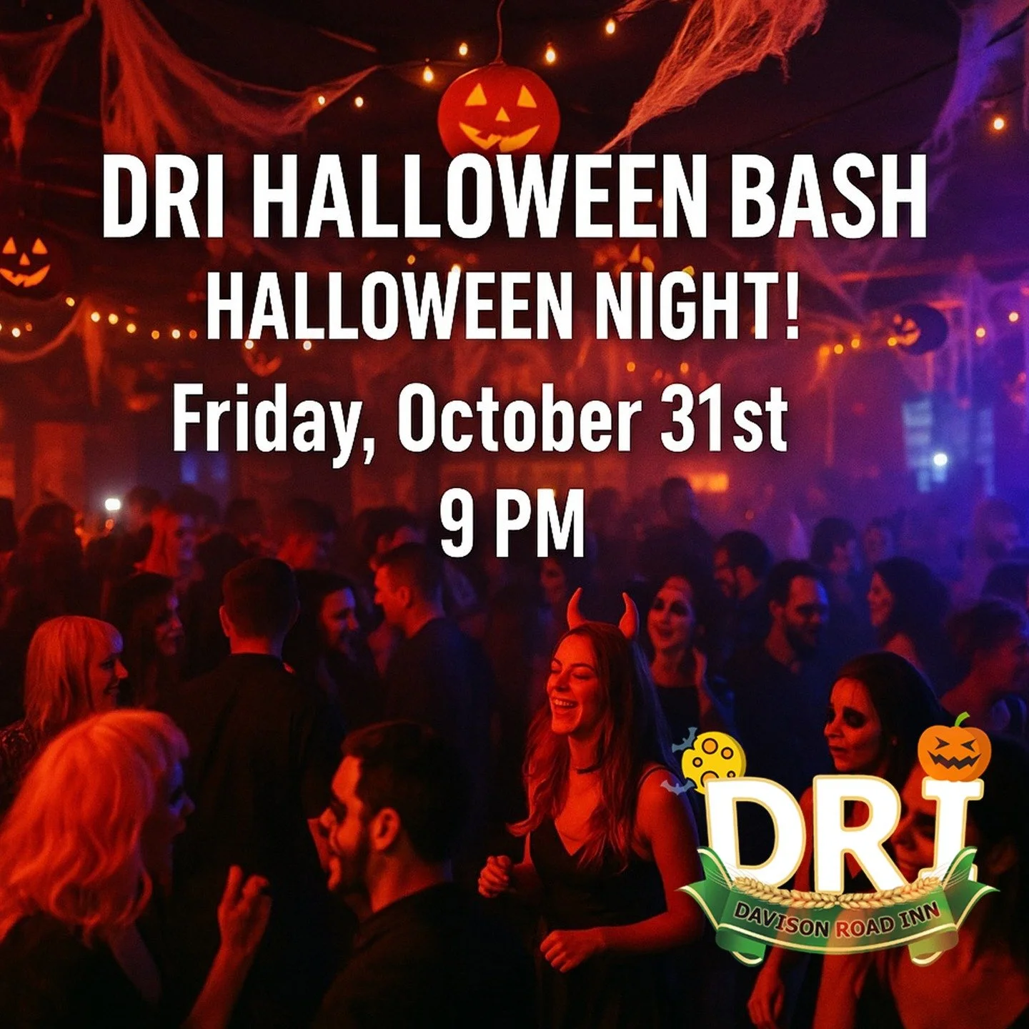 𝐇𝐚𝐩𝐩𝐲 𝐇𝐚𝐥𝐥𝐨𝐰𝐞𝐞𝐧!!🎃🎃

🎃 It&rsquo;s getting spooky at DRI! 👻
Join us for the DRI Halloween Bash &mdash; the biggest party of the season! NO COVER!!!

🕸️ Tonight at 9 PM
🎶 DJ, drink specials, costume contest &amp; good vibes all nigh